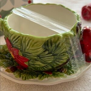 Floral Green and Red Teacup with Saucer and decorative matching spoon -NWT